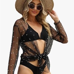 Chic Black Sheer Cover-Up with Pearl Details- new never worn!